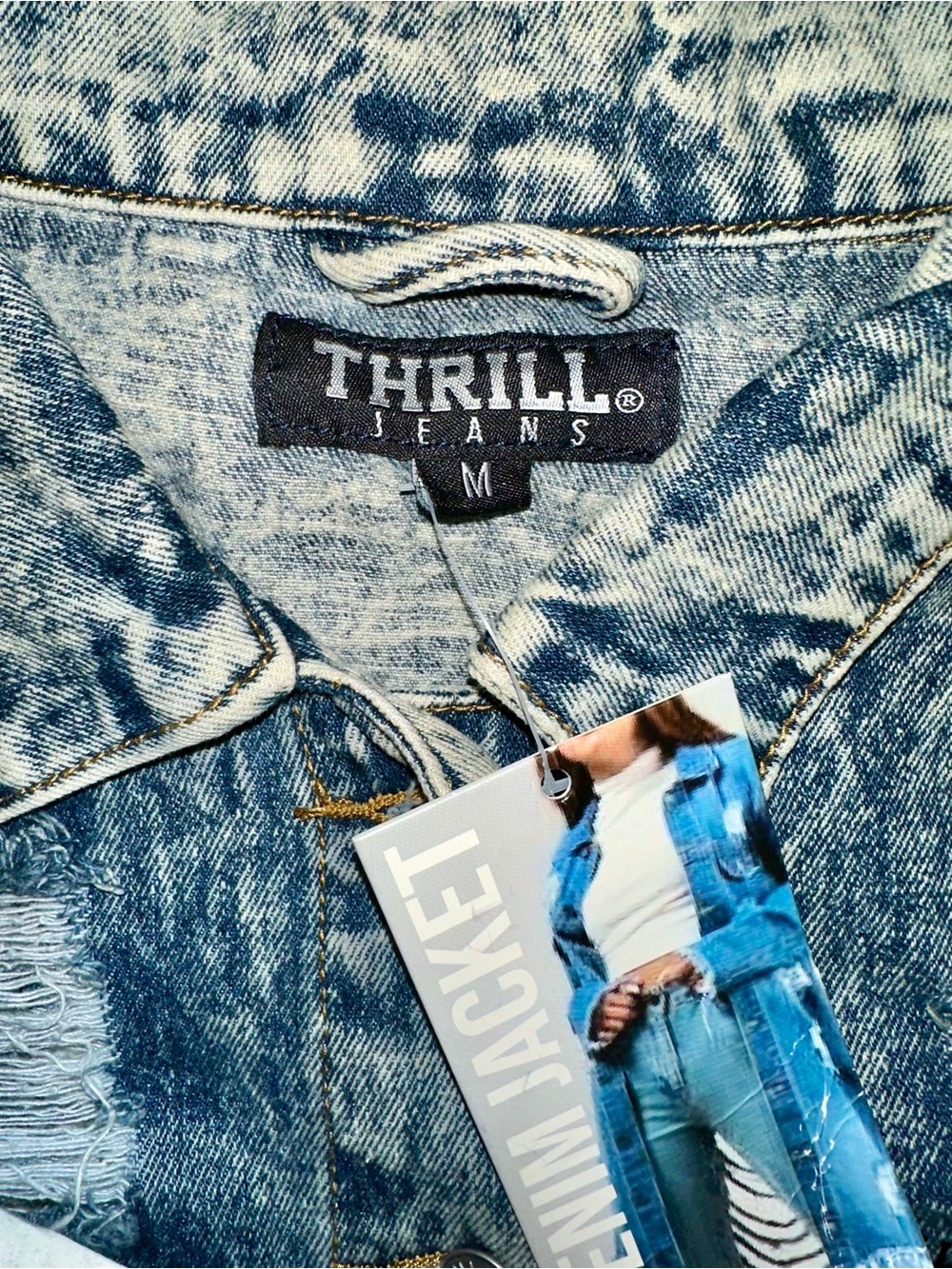 Thrill Jeans distressed acid wash denim oversized ripped jean jacket Sz M NWT